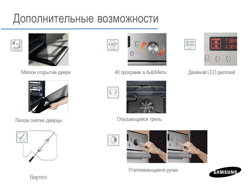 Мягкое открытие двери 40 программ в AutoMenu Двойной LED дисплей Опускающийся гриль Легкое снятие